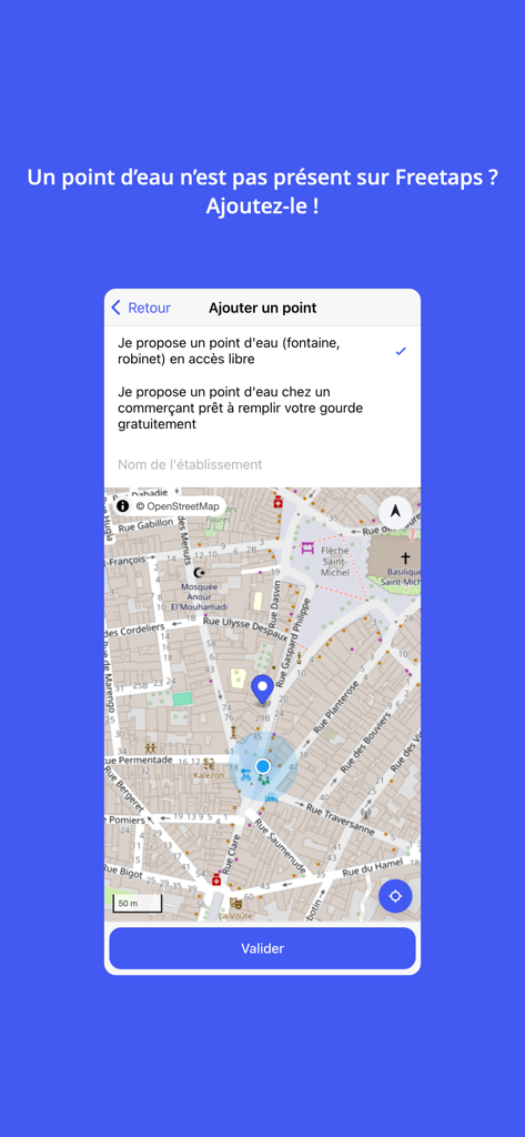 Tela do aplicativo móvel FreeTaps mostrando um mapa e um formulário para adicionar um novo ponto de recarga de água