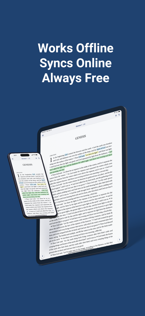 Literal Word Bible app interface on smartphone and tablet highlighting offline and online sync features