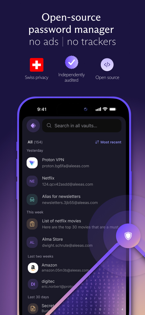 Proton Pass - Password Manager - Interfaz de la aplicación Proton Pass mostrando un gestor de contraseñas de código abierto con privacidad suiza y sin rastreadores