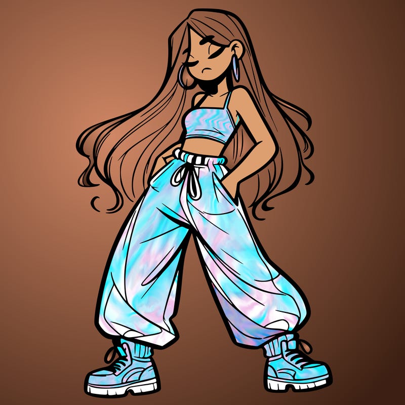 girl in baggy pants crop top and long hair