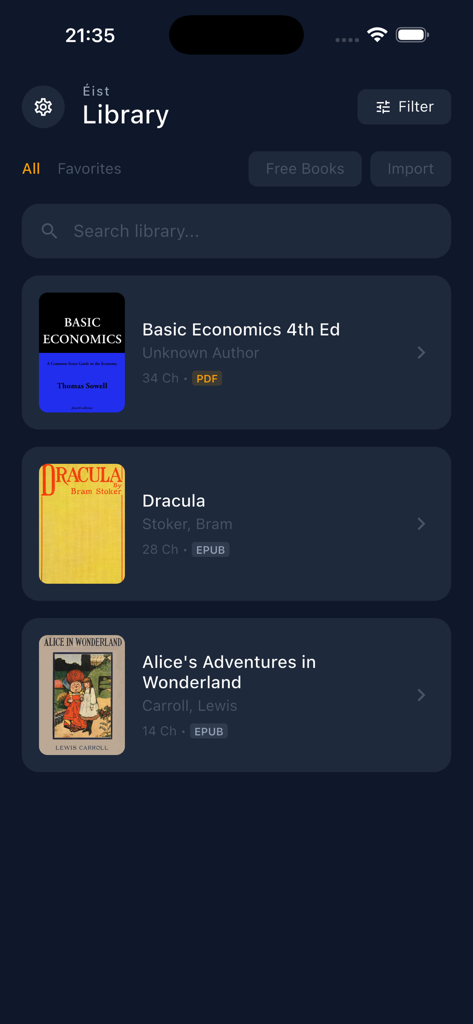 Eist - Audiobook Reader - Eistアプリのライブラリ画面。インポートされたEPUBおよびPDF書籍のリストが表示されている。