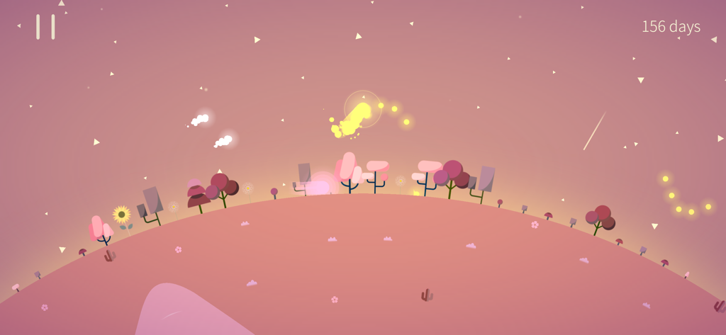 The Kreator - A serene pink minimalist landscape with stylized trees and a glowing yellow trail in The Kreator mobile game
