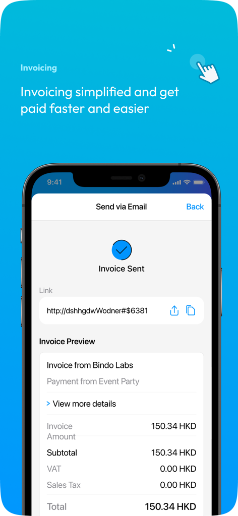 Wonder - Business Account - A mobile phone screen displaying a successful invoice sent message with a shareable link and a preview of the payment details in the Wonder app.