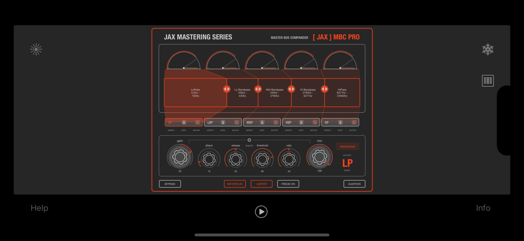 JAX MASTERING : MBC Pro - User interface of the JAX MASTERING MBC Pro multiband compander showing five frequency bands and analog controls