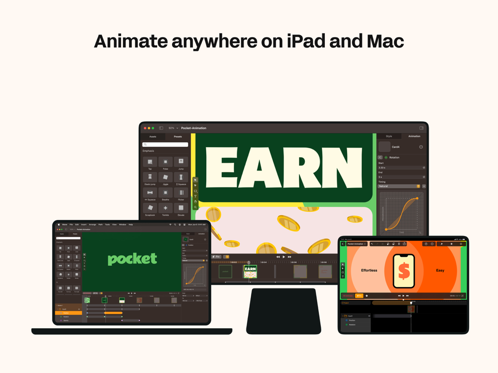 Linearity Move Motion Graphics - Linearity Move animation software interface displayed across a MacBook, iPad, and desktop monitor.