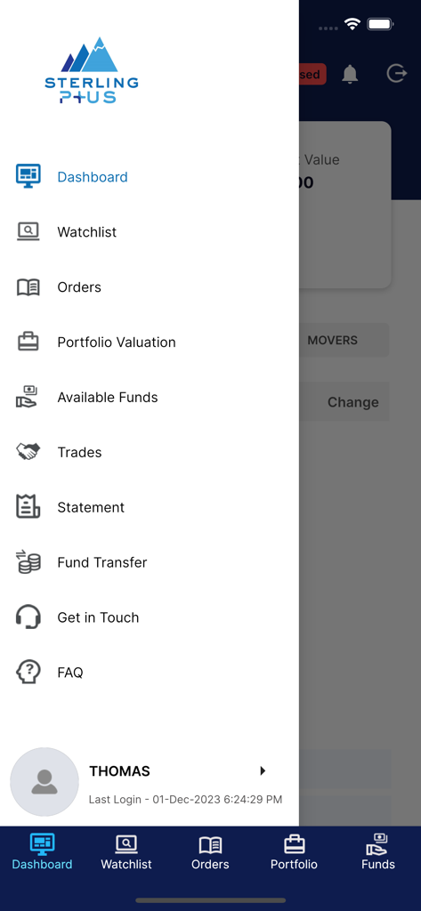 Menu de navegação lateral do aplicativo Sterling Plus mostrando painel e opções de portfólio