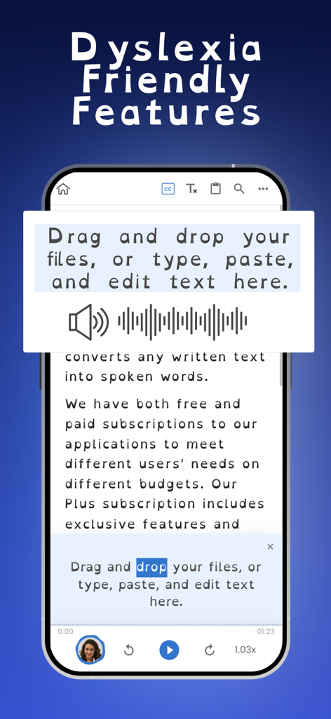 NaturalReader - Text To Speech - Interfaccia dell'app NaturalReader che mostra font adatti alla dislessia e funzionalità di evidenziazione delle parole