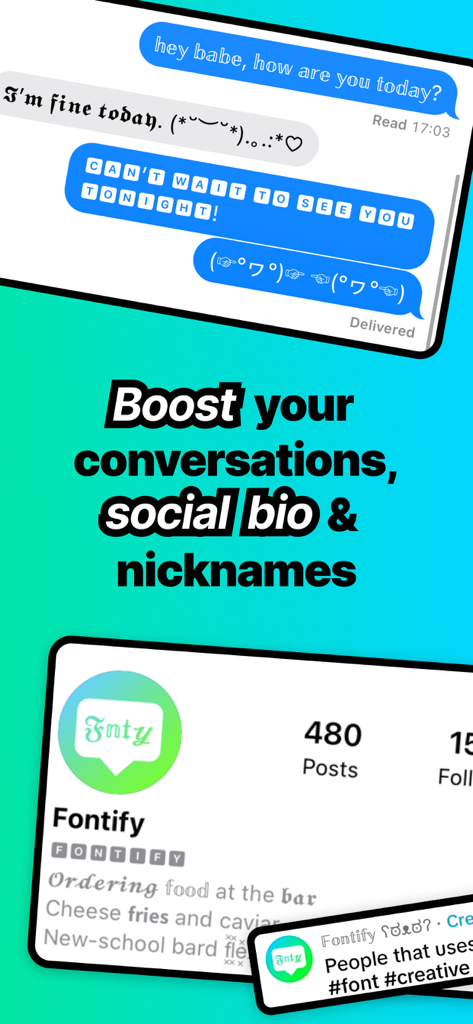 Fontify - Fonts for iPhones - Fontify app showing stylish fonts and kaomojis for social media bios and messaging apps.