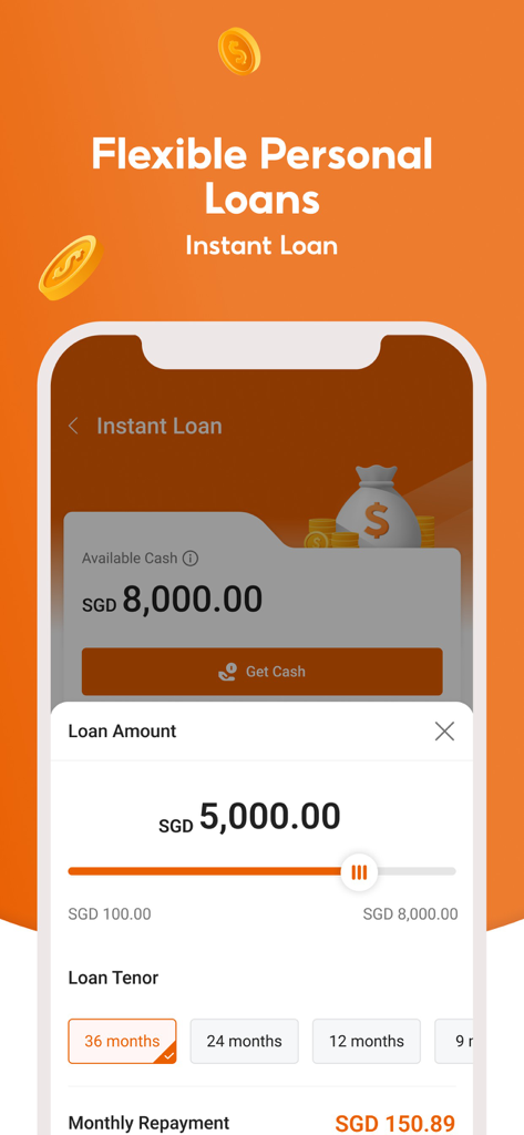 MariBank Singapore - Oberfläche der MariBank Singapur App, die den flexiblen Antragsprozess für Privatkredite zeigt.