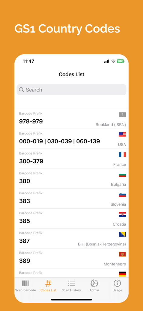 A screen showing the GS1 barcode prefixes and corresponding countries list within the Product Origin app.