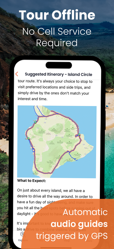 Big Island Hawaii Gypsy Guide - Display dello smartphone che mostra la mappa del tour circolare della Big Island Hawaii e le funzionalità della guida audio GPS offline