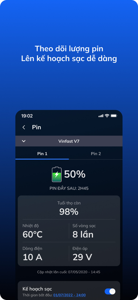 Interfaccia dell'app VinFast E-Scooter che visualizza la percentuale di carica della batteria in tempo reale e lo stato di salute