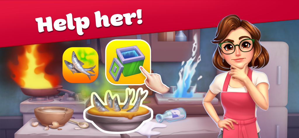 Cooking Stories: Fun cafe game - A woman in an apron looks worried in a messy kitchen with fire and water leaks while the player is presented with gameplay choices