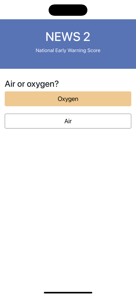 NEWS2 - Calculator - Schermata di selezione per aria o ossigeno nell'app calcolatrice NEWS2.