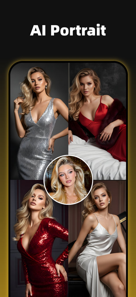 AI generated professional portraits of a woman in elegant dresses