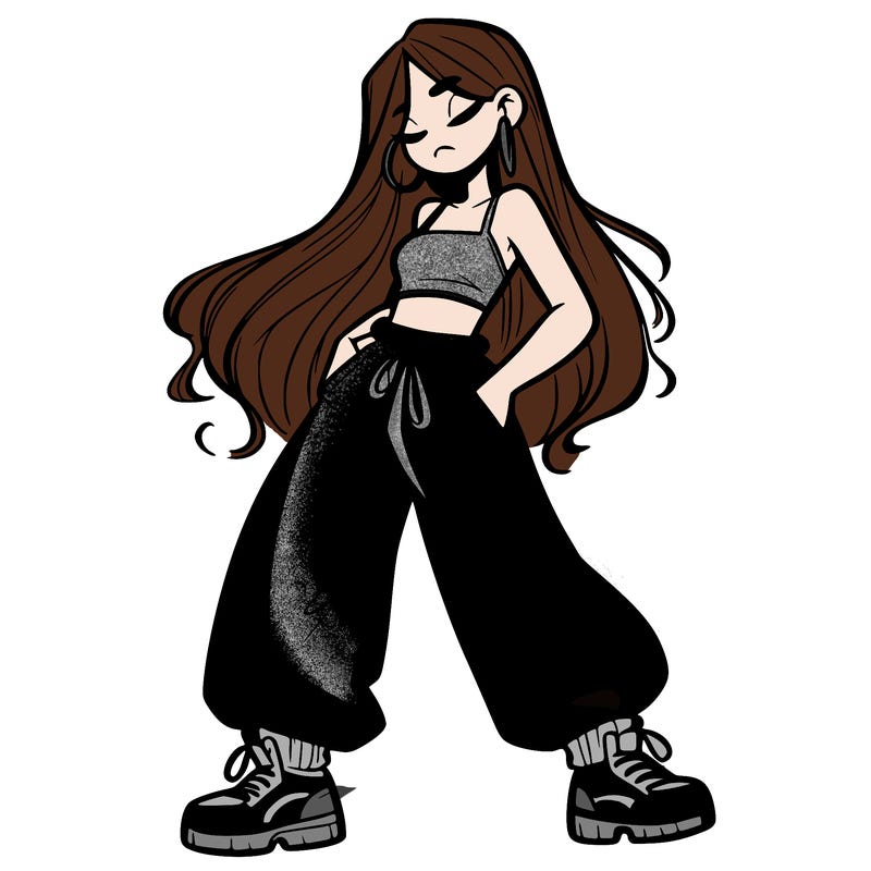 girl in baggy pants crop top and long hair