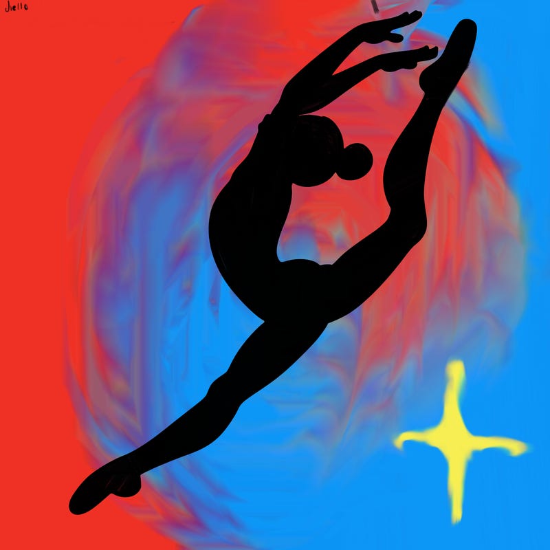 gymnast doing a leap in a leotard with a bent back leg