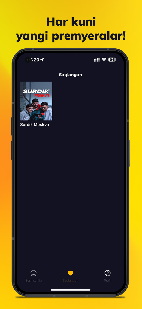 Xon-Play app interface showing the saved videos library with an Uzbek film titled Surdik Moskva