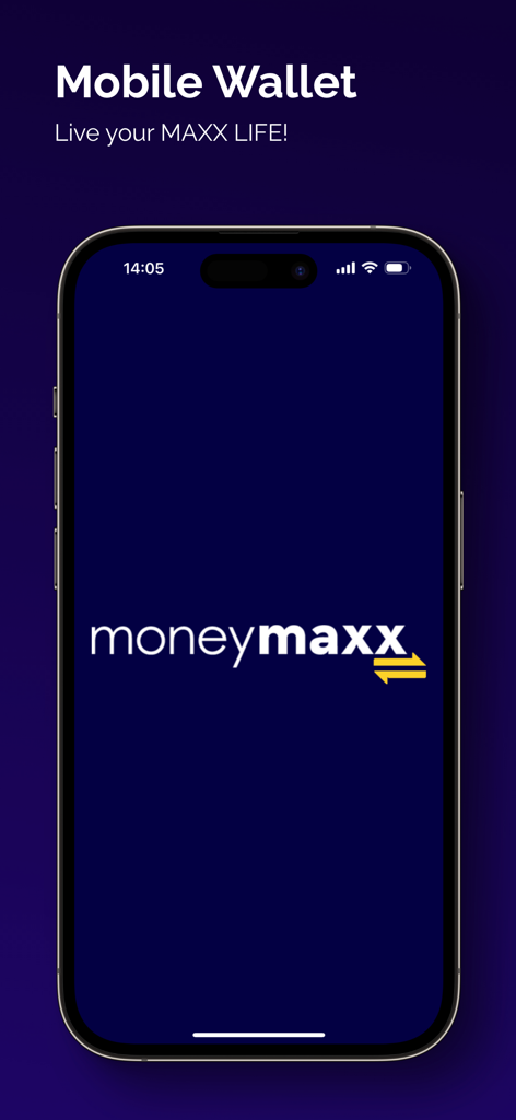 MoneyMaxx - MoneyMaxx mobile Wallet Startbildschirm mit App-Logo und Slogan auf einem iPhone