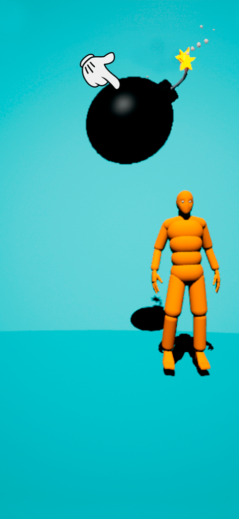 Break Ragdoll Bones 3D - An orange ragdoll character standing under a large bomb with a lit fuse in a 3D environment