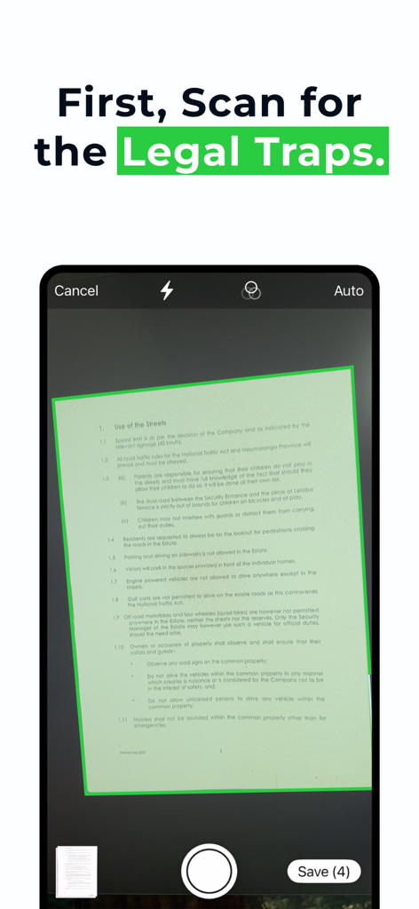 Legal Scan - Mobile app interface scanning a physical legal document to detect hidden traps and risks using AI
