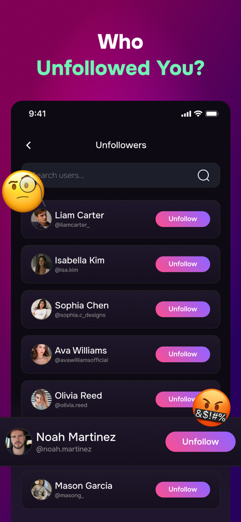 UNFO: Follower Analytics - Una interfaz móvil de la aplicación UNFO que muestra una lista de no seguidores recientes con una opción para volver a seguirlos.