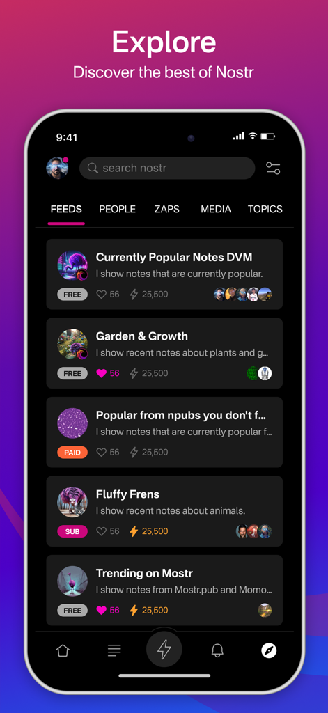 Primal - Mobile interface of the Primal app explore screen showing various social media feeds on the Nostr protocol.