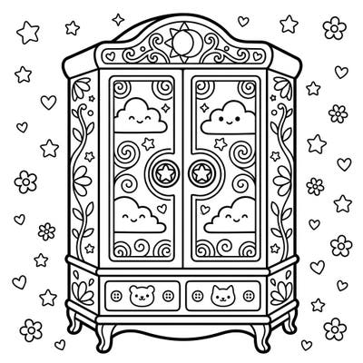 Step into a world of cuteness with this charming Kawaii armoire coloring page, designed especially for kids! Featuring delightful smiling clouds, playful stars, and sweet animal faces, it's a perfect canvas for young artists to explore their creativity.