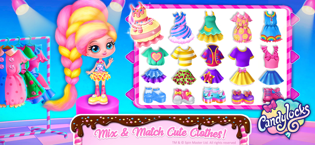 Una muñeca Candylocks junto a un menú de vestidos y zapatos coloridos en una interfaz de juego de vestir.