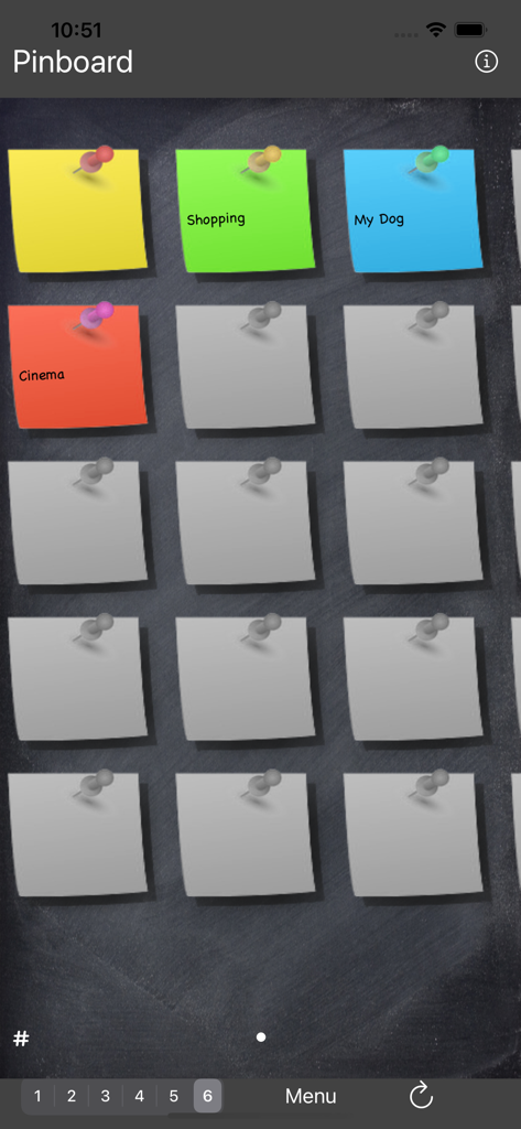 Digital corkboard interface with colorful sticky notes for shopping and reminders on a chalkboard background