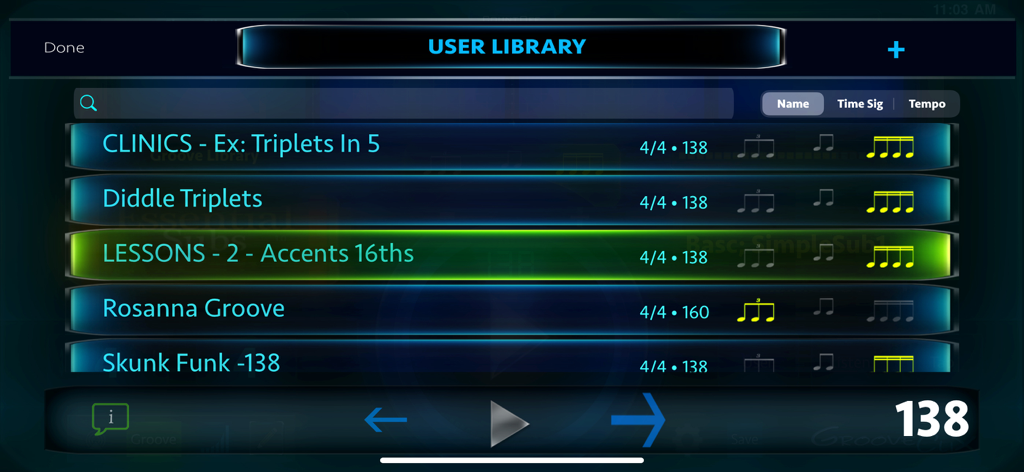 GrooveClixアプリのユーザライブラリスクリーン。保存されたリズミックプリセット、レッスン、グルーヴのリストが表示されています