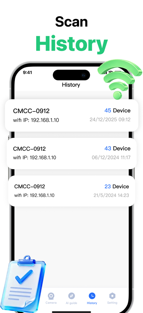 Home Security Camera Scan - Pantalla de historial de escaneos que muestra resultados de escaneos anteriores de redes Wi-Fi y recuentos de dispositivos