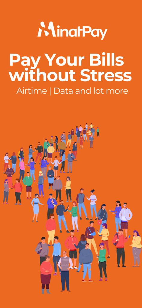 MinatPay: Cheap Data & Airtime - Pantalla de introducción de la app MinatPay que muestra servicios de tiempo aire, datos y pago de facturas con una ilustración de multitud diversa