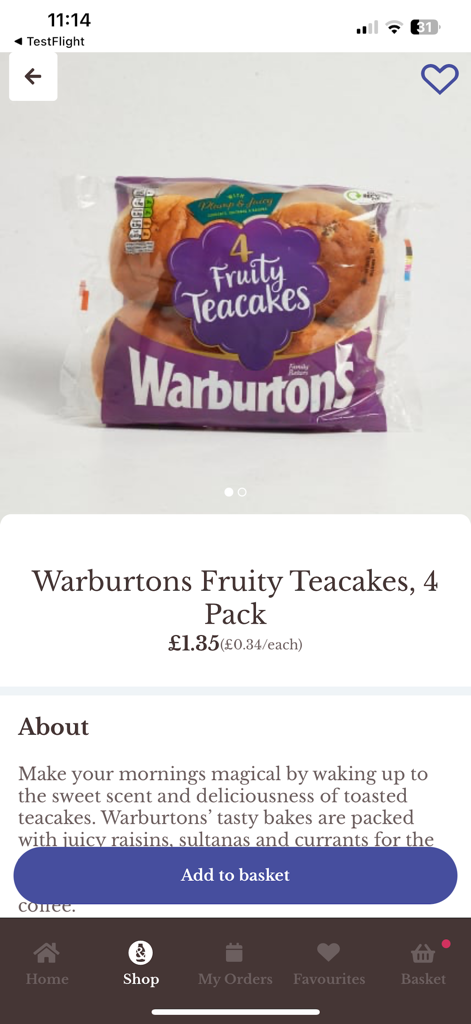 Milk & More - Milk and More app screen showing Warburtons Fruity Teacakes for sale