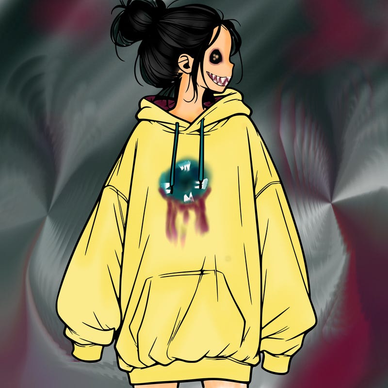 realistic girl with a oversized sweatshirt on and a bun