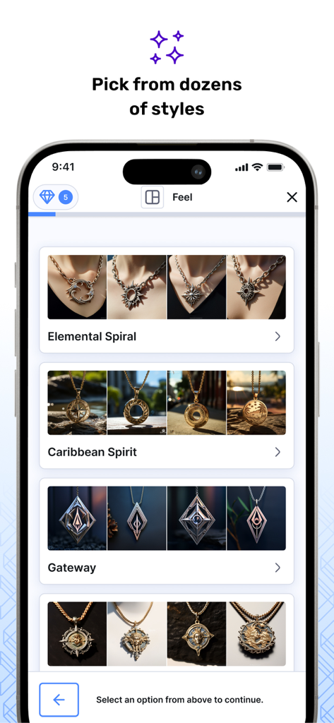 ARQ Jewelry Design - Una interfaz móvil que muestra varios estilos de colgantes de joyería personalizados como Espiral Elemental y Espíritu Caribeño.