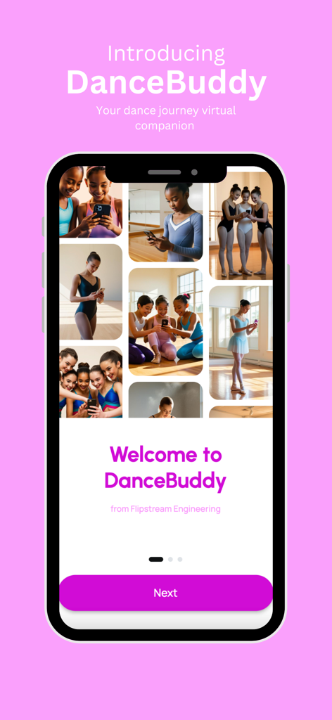 DanceBuddy app welcome screen featuring a collage of young dancers in training sessions
