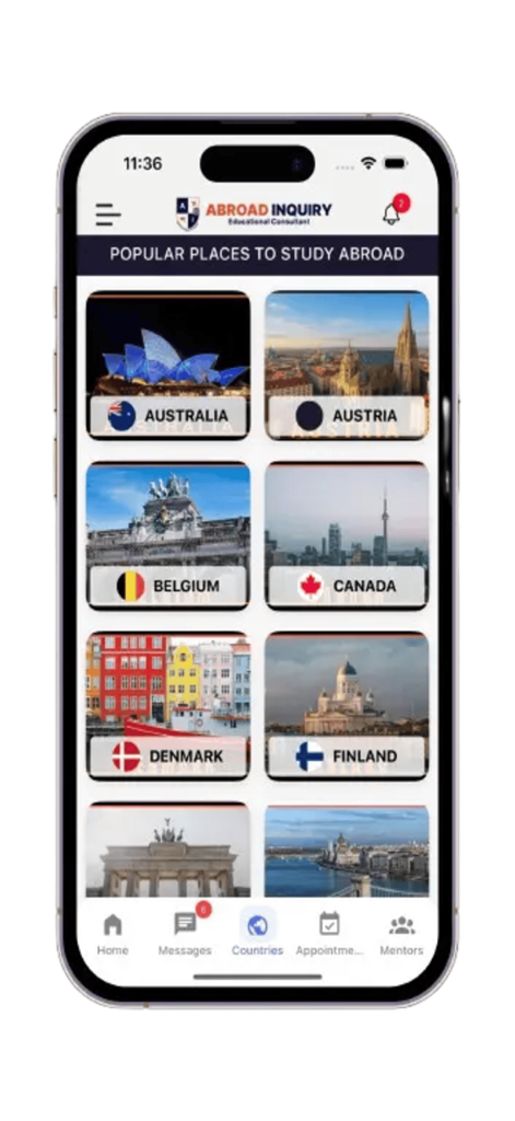 Abroad Inquiry - The Abroad Inquiry app displaying popular study abroad destinations such as Australia, Belgium, and Canada