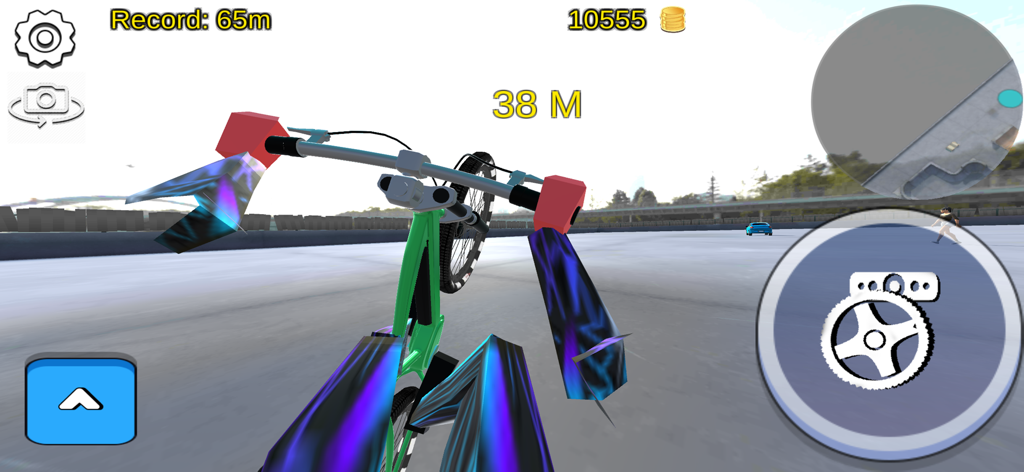 Vista en primera persona de una bicicleta BMX verde realizando un truco de caballito en Wheelie Bike 3D