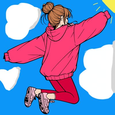 realistic girl jumping with a bun and oversized sweatshirt