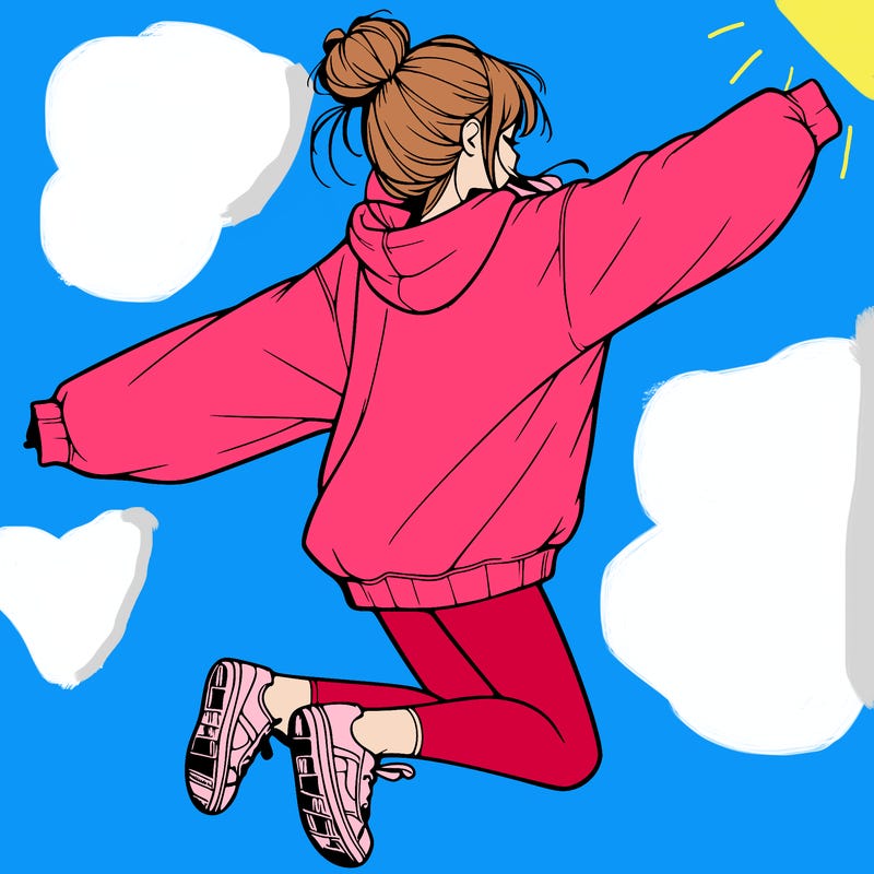 realistic girl jumping with a bun and oversized sweatshirt
