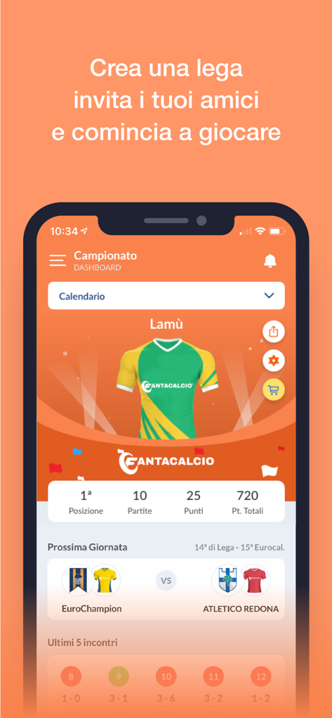 EuroLeghe Fantacalcio mobile app dashboard showing team ranking stats and upcoming soccer match fixtures