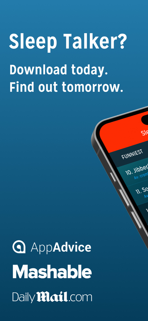 Promotional screen for Sleep Talk Recorder showing press reviews and a smartphone with recorded sleep talk clips