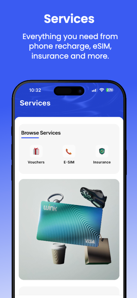 Wink NEO - Interfaz de la app Wink NEO mostrando servicios integrados como activación de E-SIM, seguro de viaje y vales de compra.