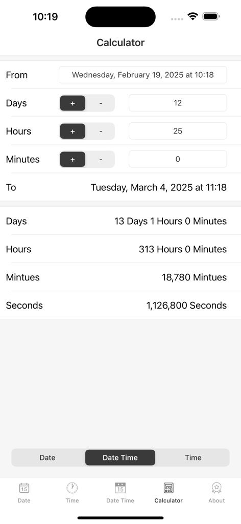 Interface do aplicativo Calculadora de Data e Hora mostrando um cálculo de duração de data com detalhes em dias, horas, minutos e segundos.