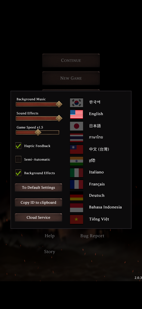 Dungeon Tracer settings screen displaying audio sliders game speed options and multi-language selection list with flags