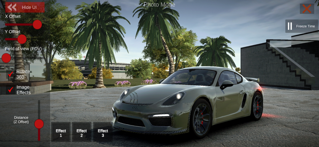 European Luxury Cars - A grey sports car in a palm tree setting within the photo mode menu of the European Luxury Cars app