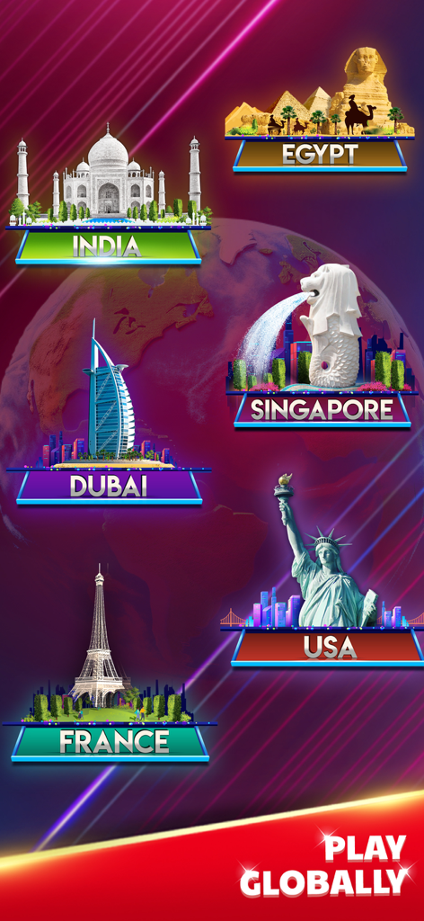 인도, 이집트, 싱가포르, 두바이, 미국, 프랑스를 포함한 글로벌 멀티플레이어 모드의 국제 랜드마크를 보여주는 카롬 킹 게임 화면
