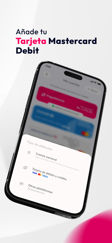 PagoDirecto - Pantalla de smartphone que muestra la aplicación PagoDirecto con opciones para agregar una tarjeta de débito o crédito Mastercard para pagos de estacionamiento