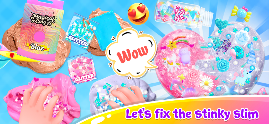 A gameplay screenshot of Slimeatory showing brown slime being transformed into a colorful heart shape with glitter and magical clay.